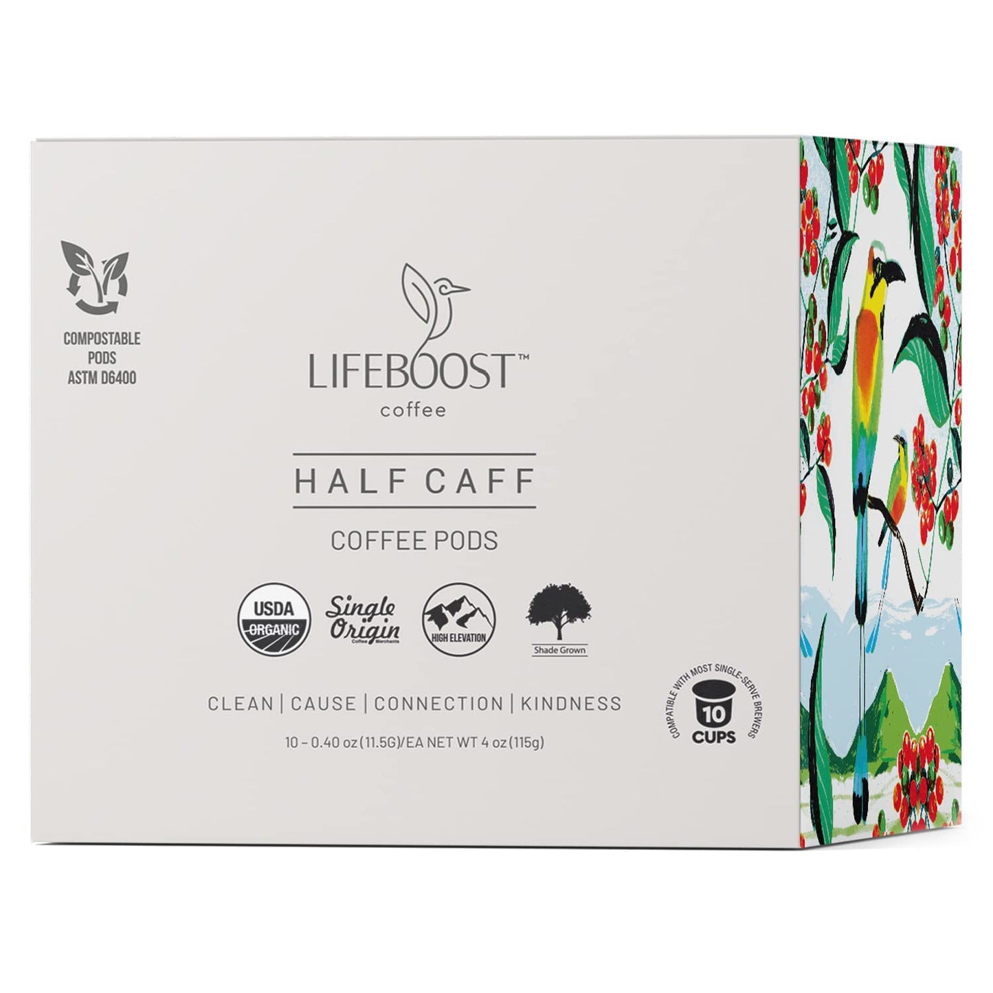 Lifeboost Half Caff Coffee K-Cups | Low Acid, Non-GMO, Mold-Free, 10 Count