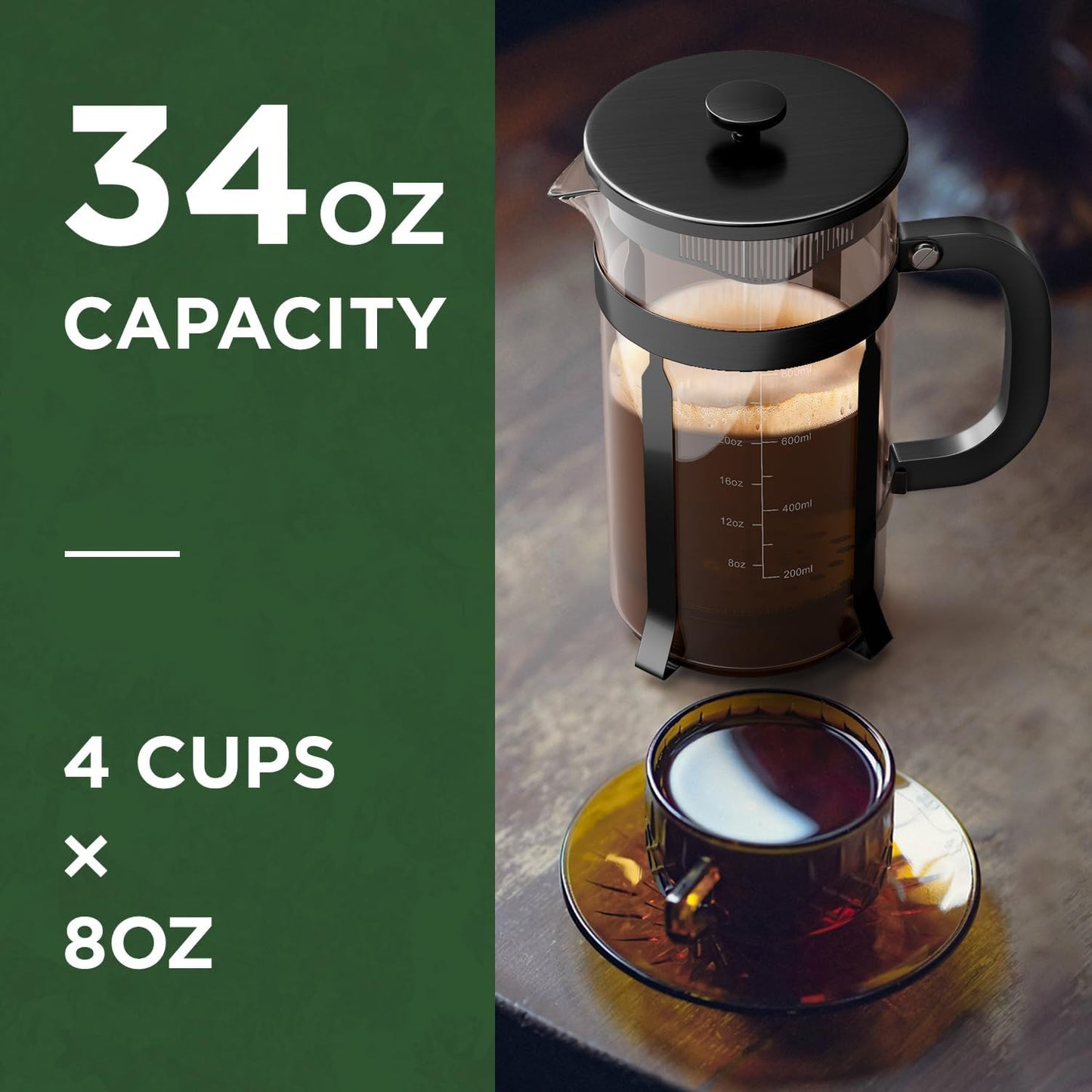 French Press Coffee Maker, 34oz | Stainless Steel, Borosilicate Glass, 4 Filters