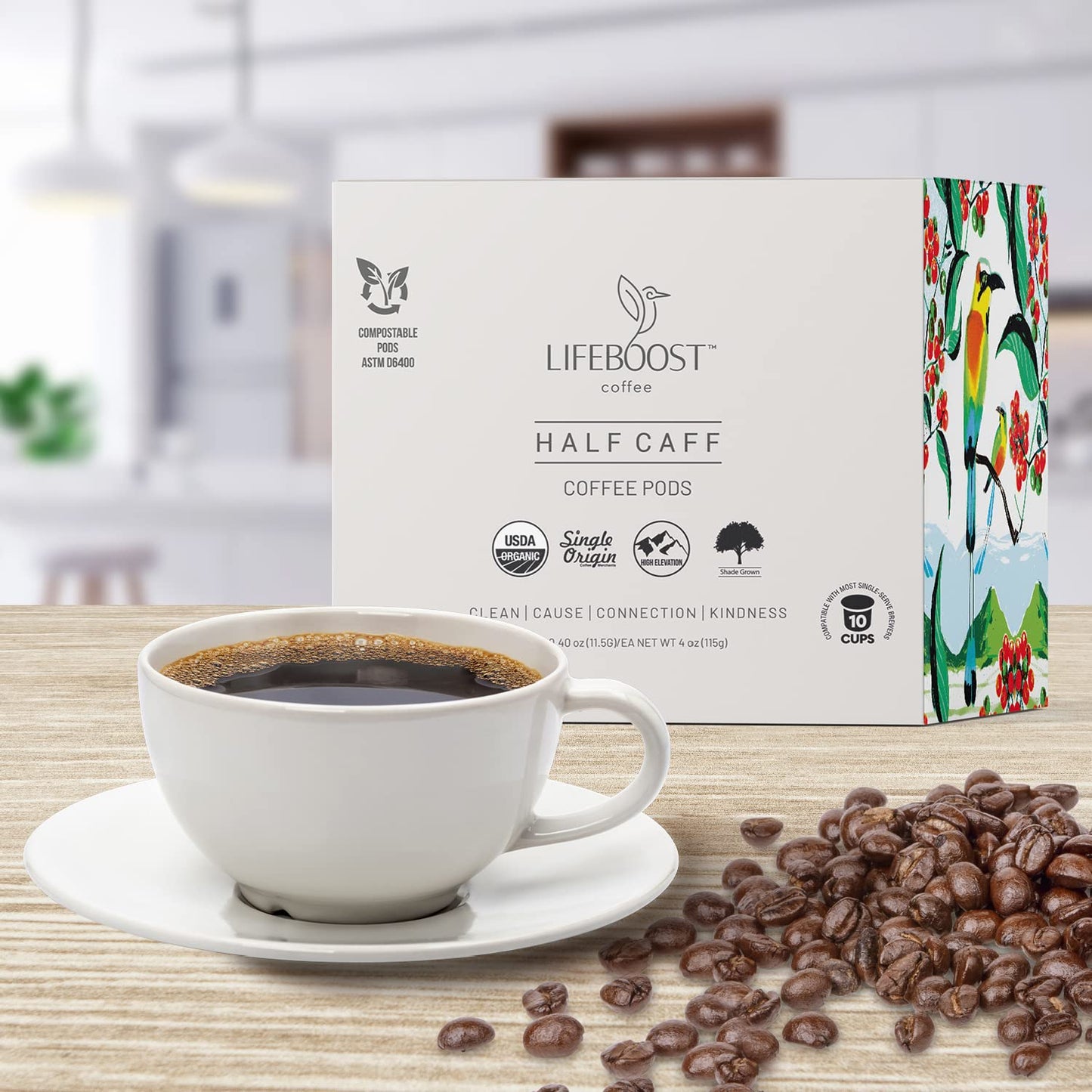 Lifeboost Half Caff Coffee K-Cups | Low Acid, Non-GMO, Mold-Free, 10 Count