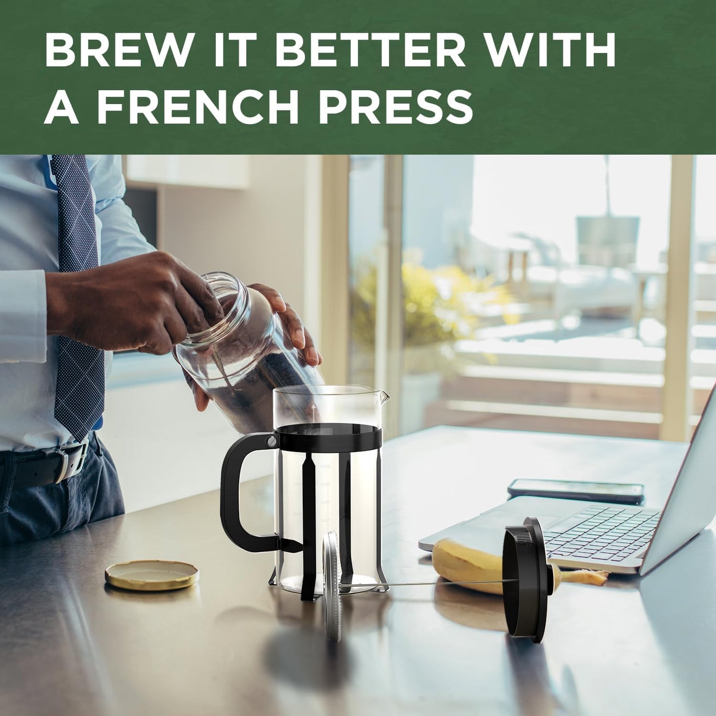 French Press Coffee Maker, 34oz | Stainless Steel, Borosilicate Glass, 4 Filters