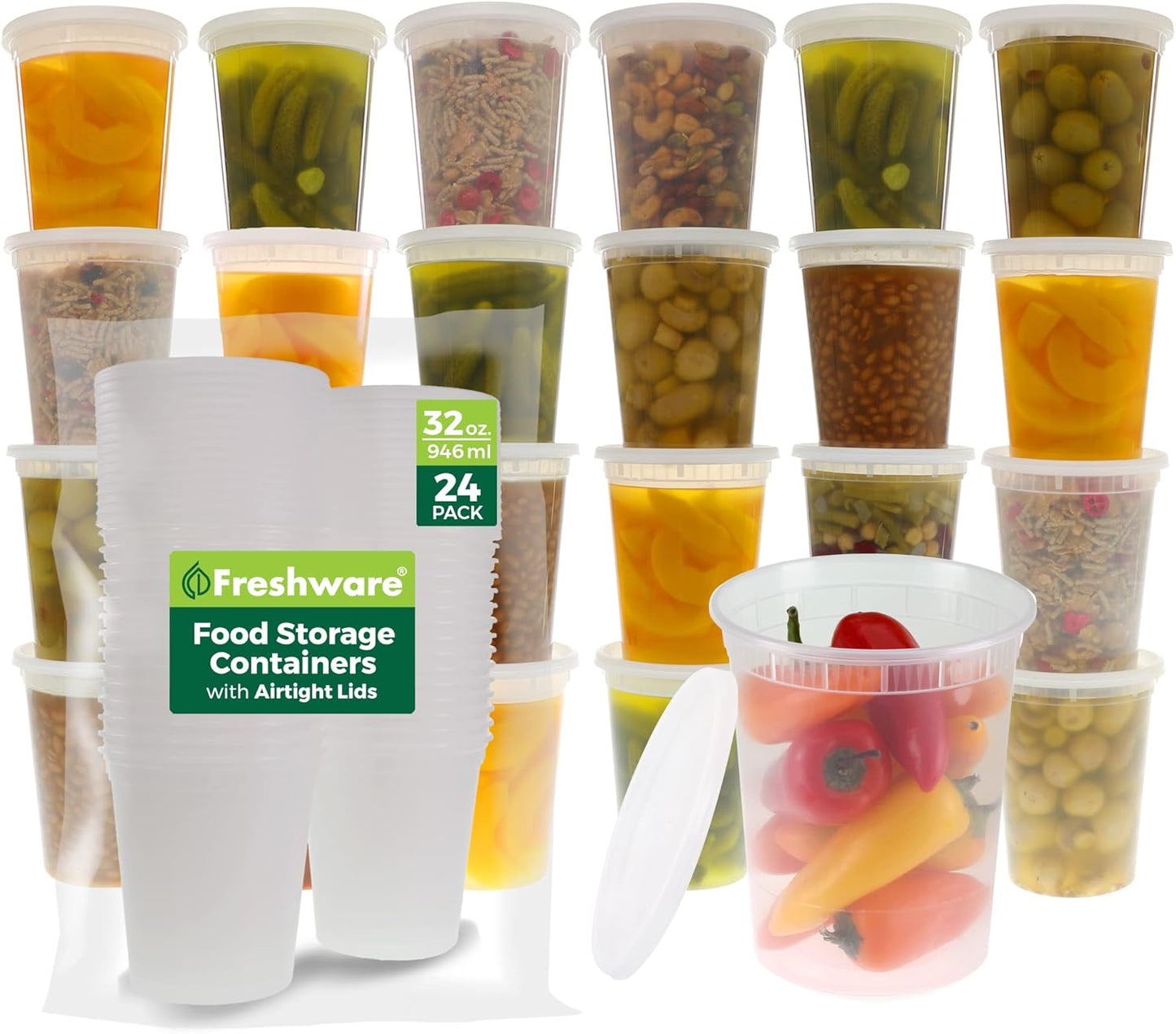 Freshware 24 Set Food Storage Containers, 32oz | Leakproof, BPA-Free, Microwave/Dishwasher Safe