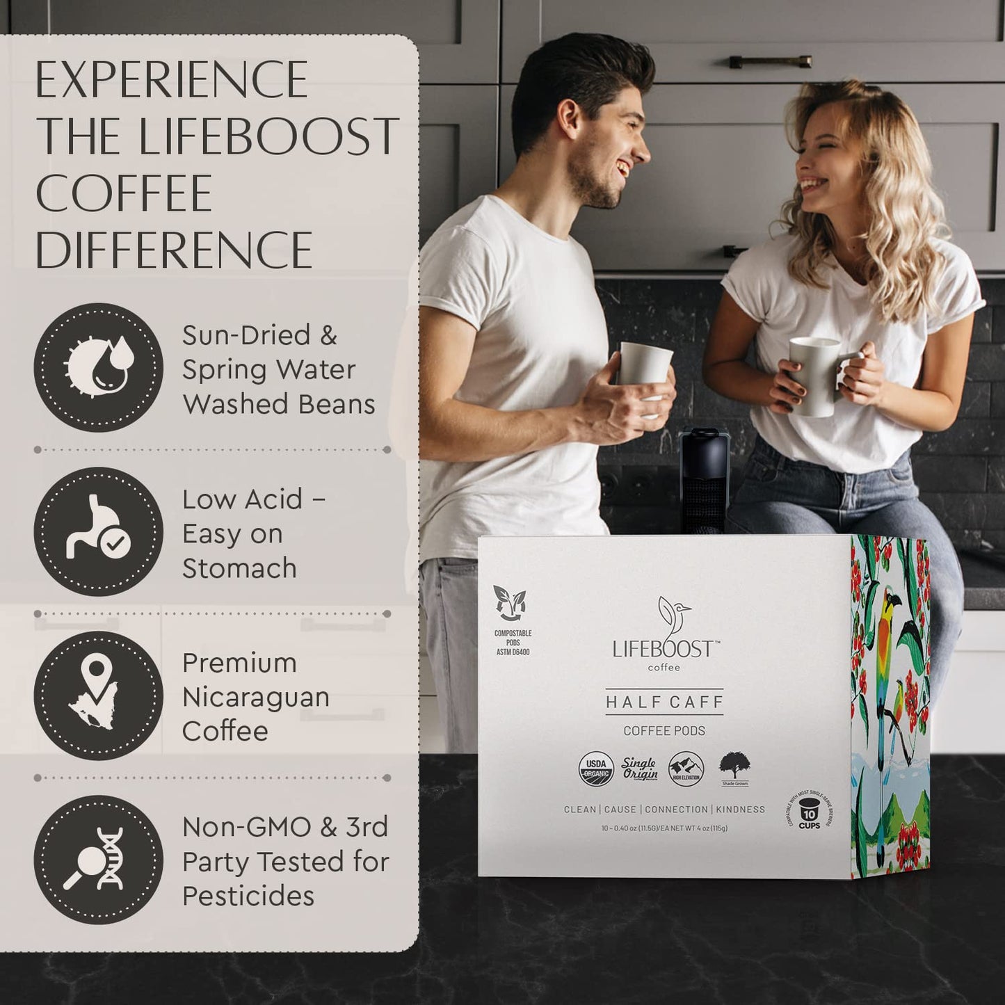 Lifeboost Half Caff Coffee K-Cups | Low Acid, Non-GMO, Mold-Free, 10 Count