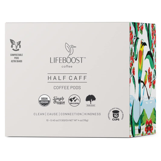 Lifeboost Half Caff Coffee K-Cups | Low Acid, Non-GMO, Mold-Free, 10 Count