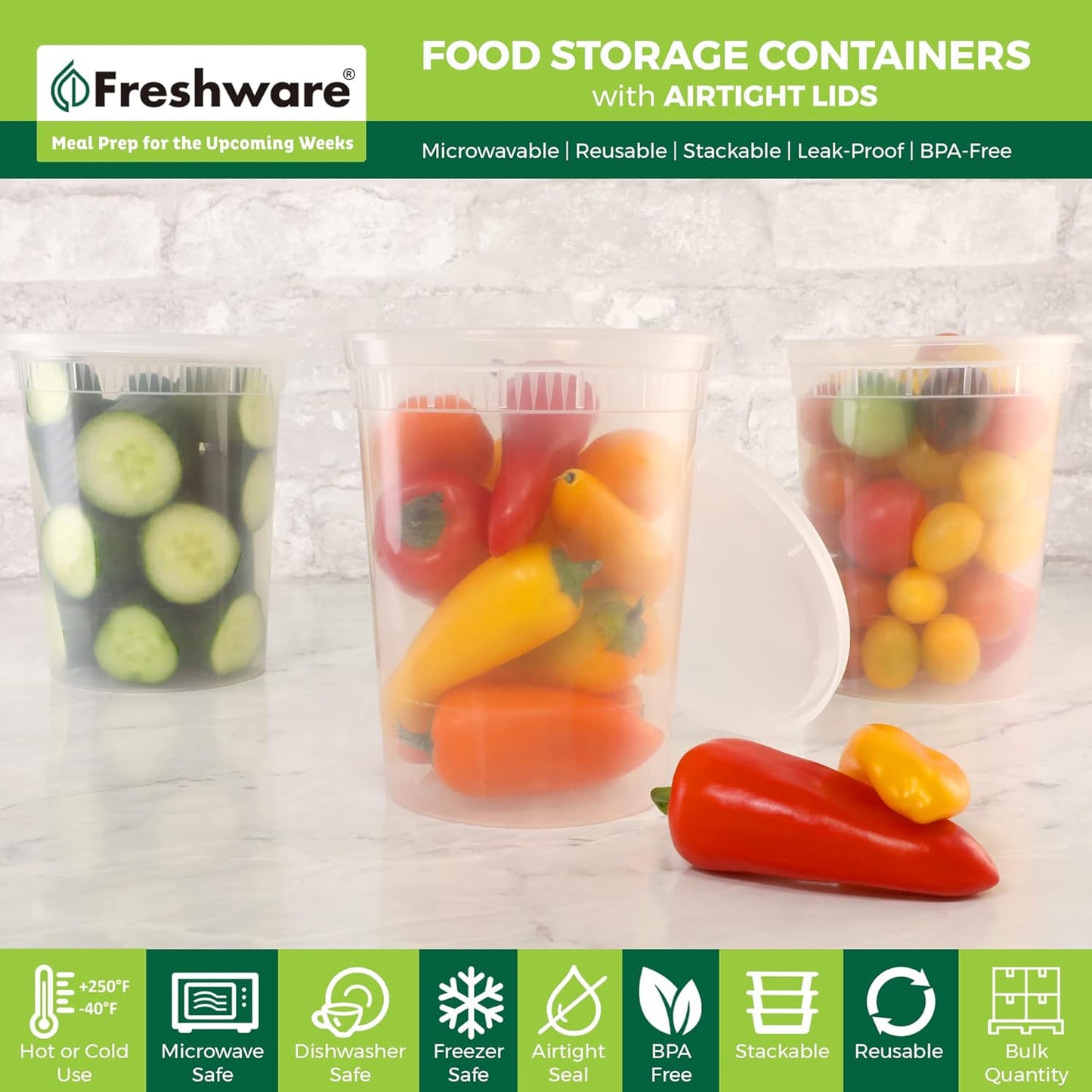 Freshware 24 Set Food Storage Containers, 32oz | Leakproof, BPA-Free, Microwave/Dishwasher Safe