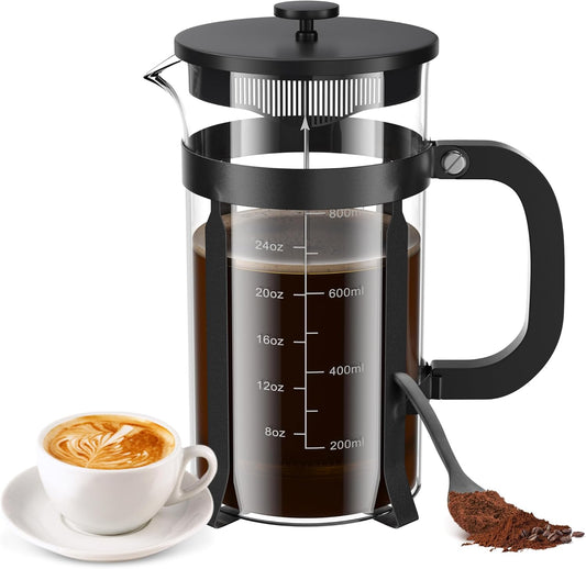 French Press Coffee Maker, 34oz | Stainless Steel, Borosilicate Glass, 4 Filters
