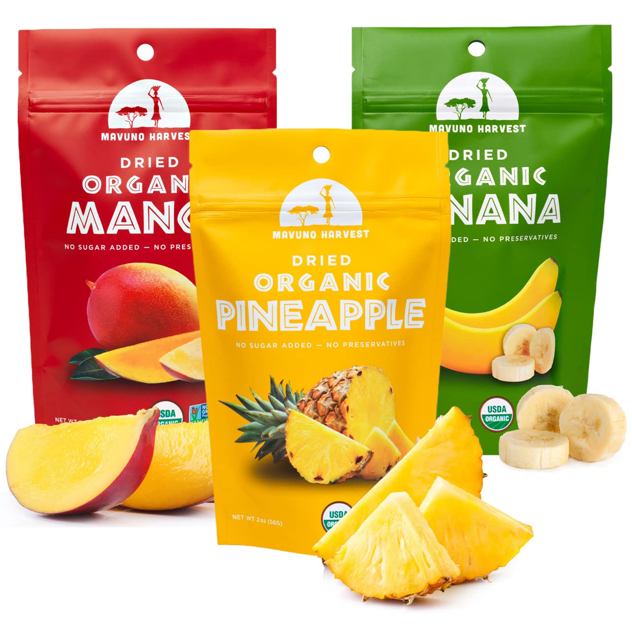 Mavuno Harvest Organic Dried Fruit Pack | Mango, Pineapple, Banana | 2oz, Pack of 3