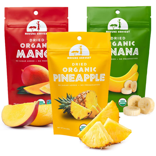 Mavuno Harvest Organic Dried Fruit Pack | Mango, Pineapple, Banana | 2oz, Pack of 3