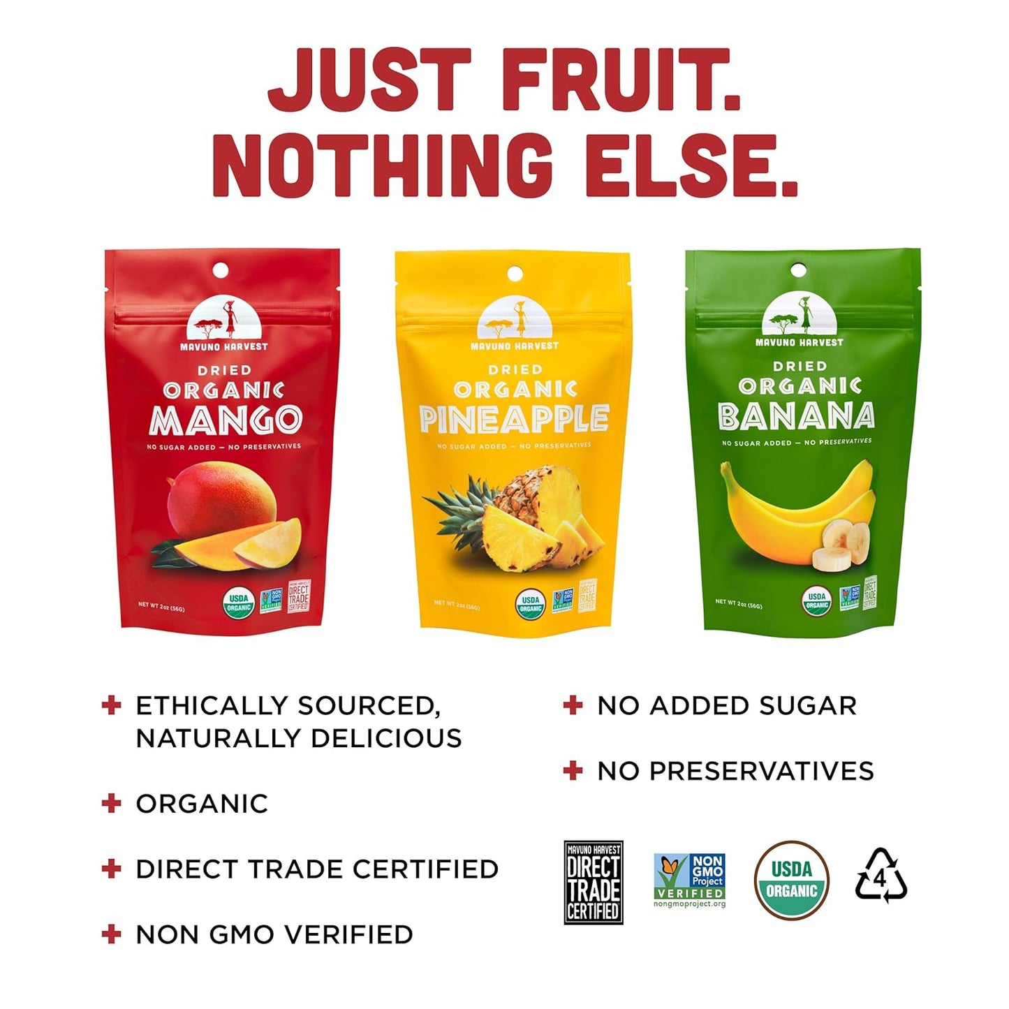 Mavuno Harvest Organic Dried Fruit Pack | Mango, Pineapple, Banana | 2oz, Pack of 3
